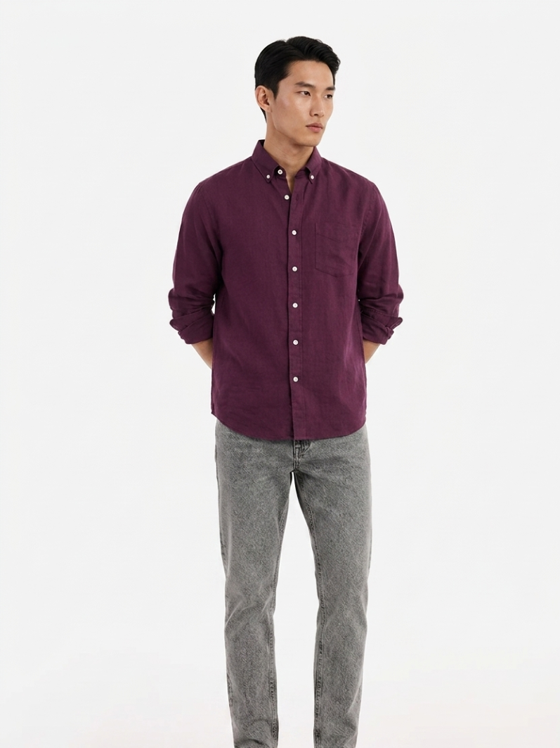 MEN LEI Men Plum Linen Blend Casual Shirt