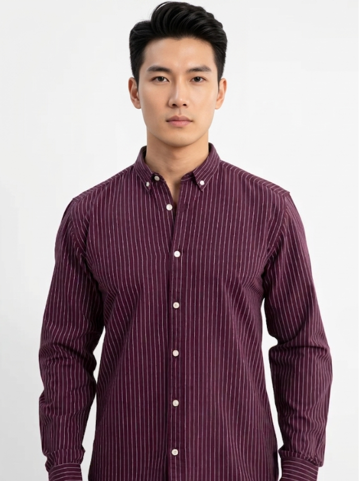MENLEI Men Maroon Striped Cotton Linen Blend Shirt