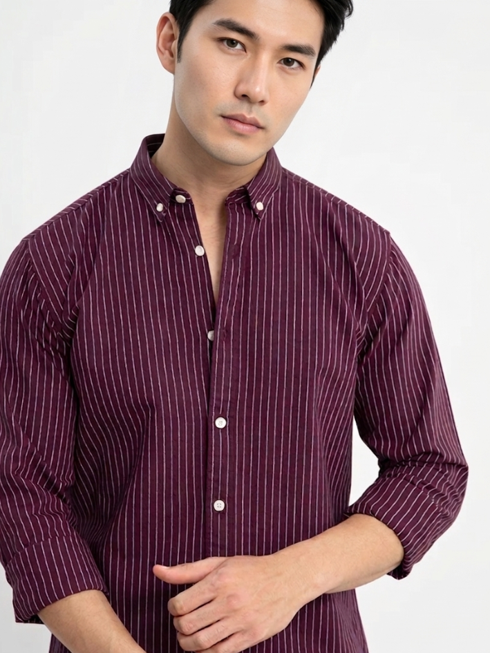 MENLEI Men Maroon Striped Cotton Linen Blend Shirt