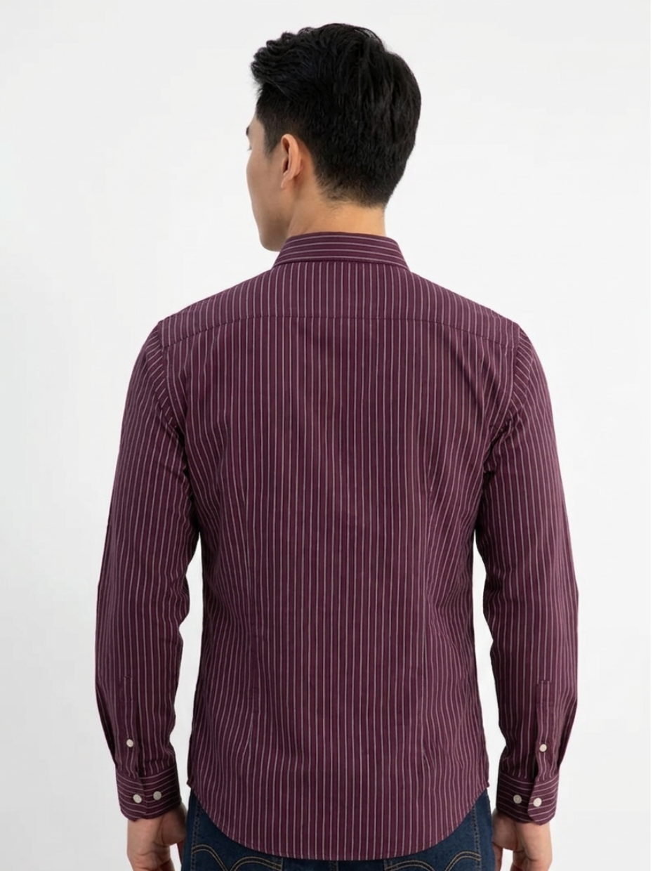 MENLEI Men Maroon Striped Cotton Linen Blend Shirt