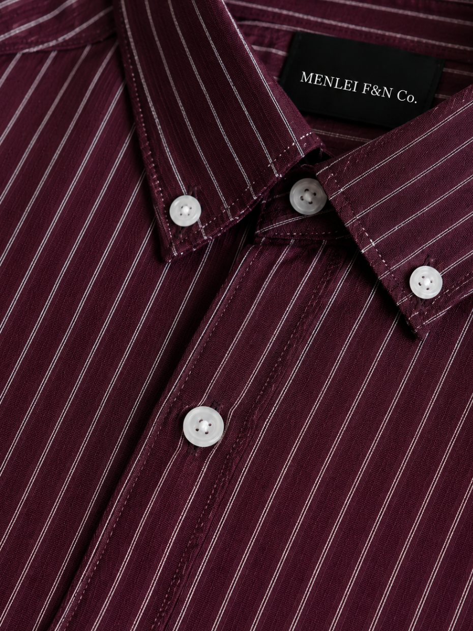 MENLEI Men Maroon Striped Cotton Linen Blend Shirt