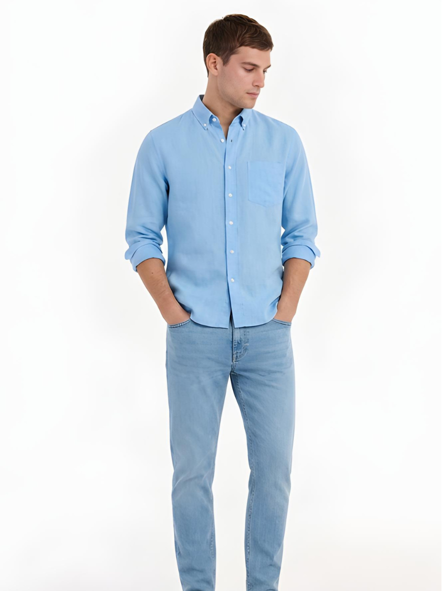 MEN LEI Men Sky Blue Linen Blend Casual Shirt