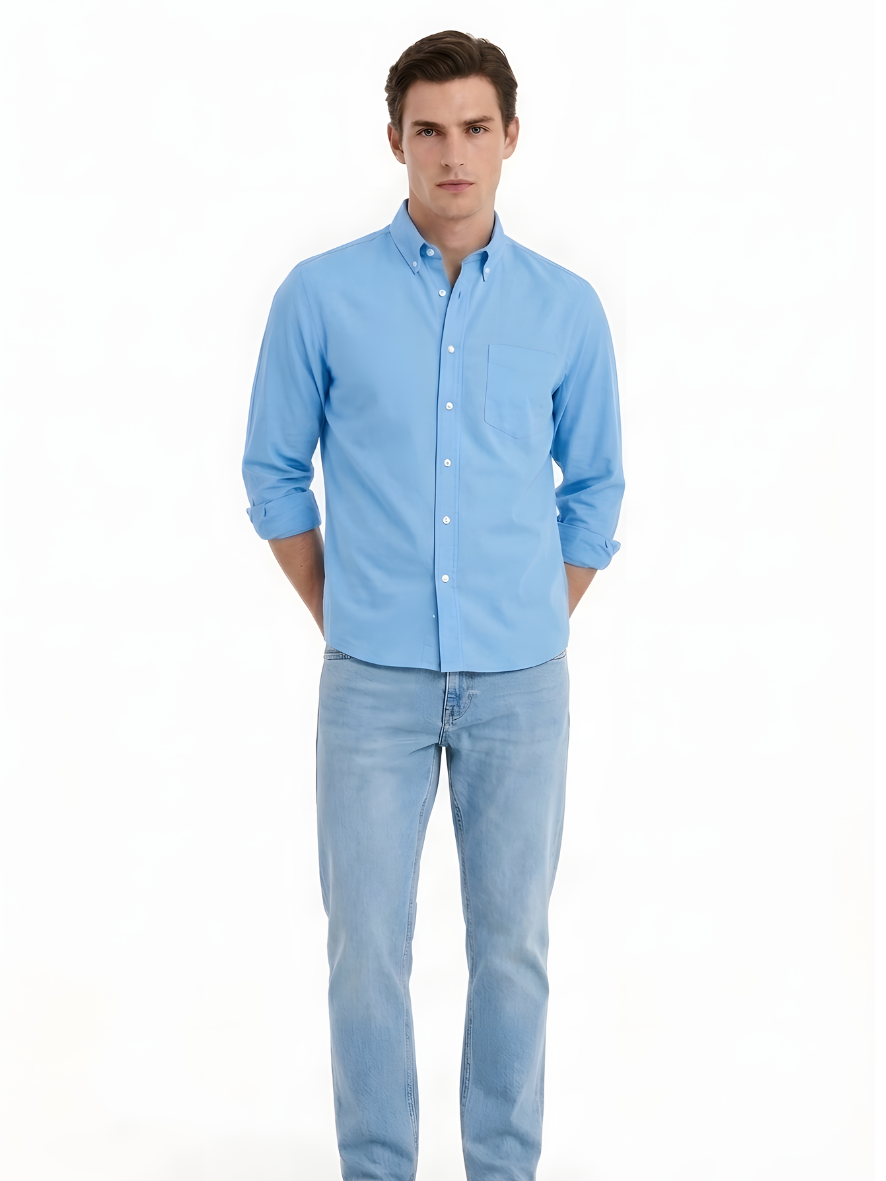 MEN LEI Men Sky Blue Linen Blend Casual Shirt