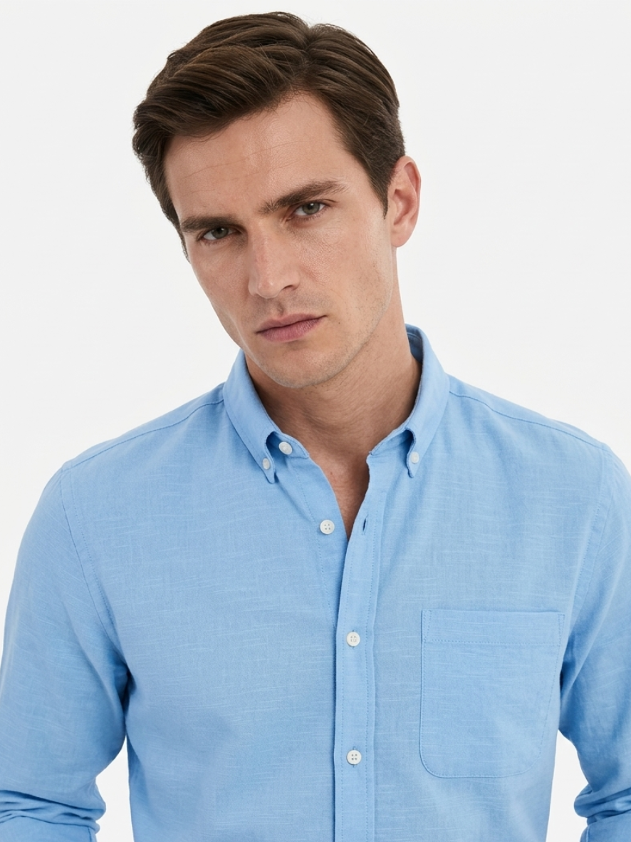 MEN LEI Men Sky Blue Linen Blend Casual Shirt